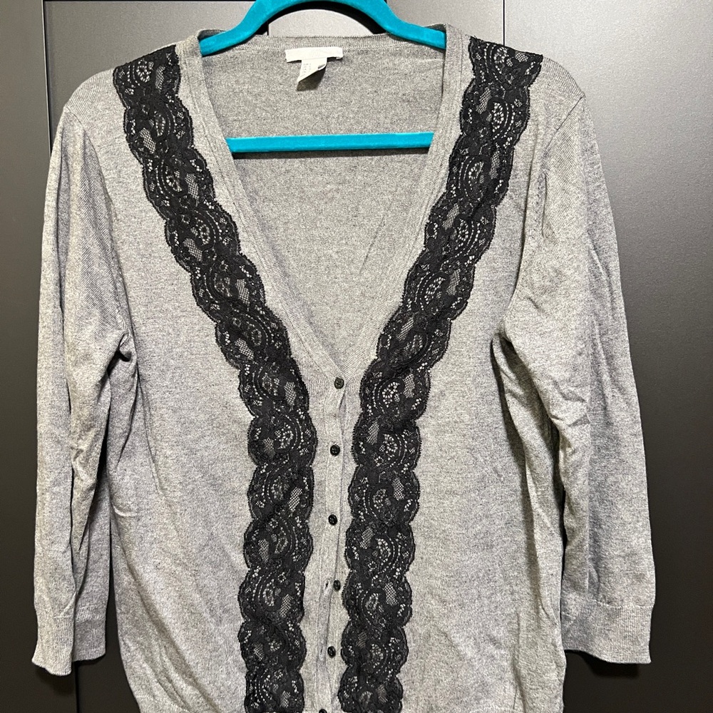 H&M Gray Cardigan with Black Lace Trim
